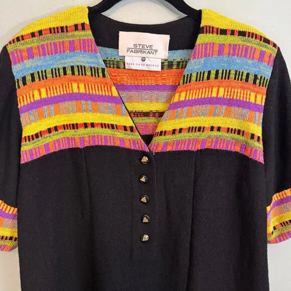Vintage Steve 80s Fabrikant Wool Sweater Dress Large Black Colorful Retro Unique - Picture 5 of 9